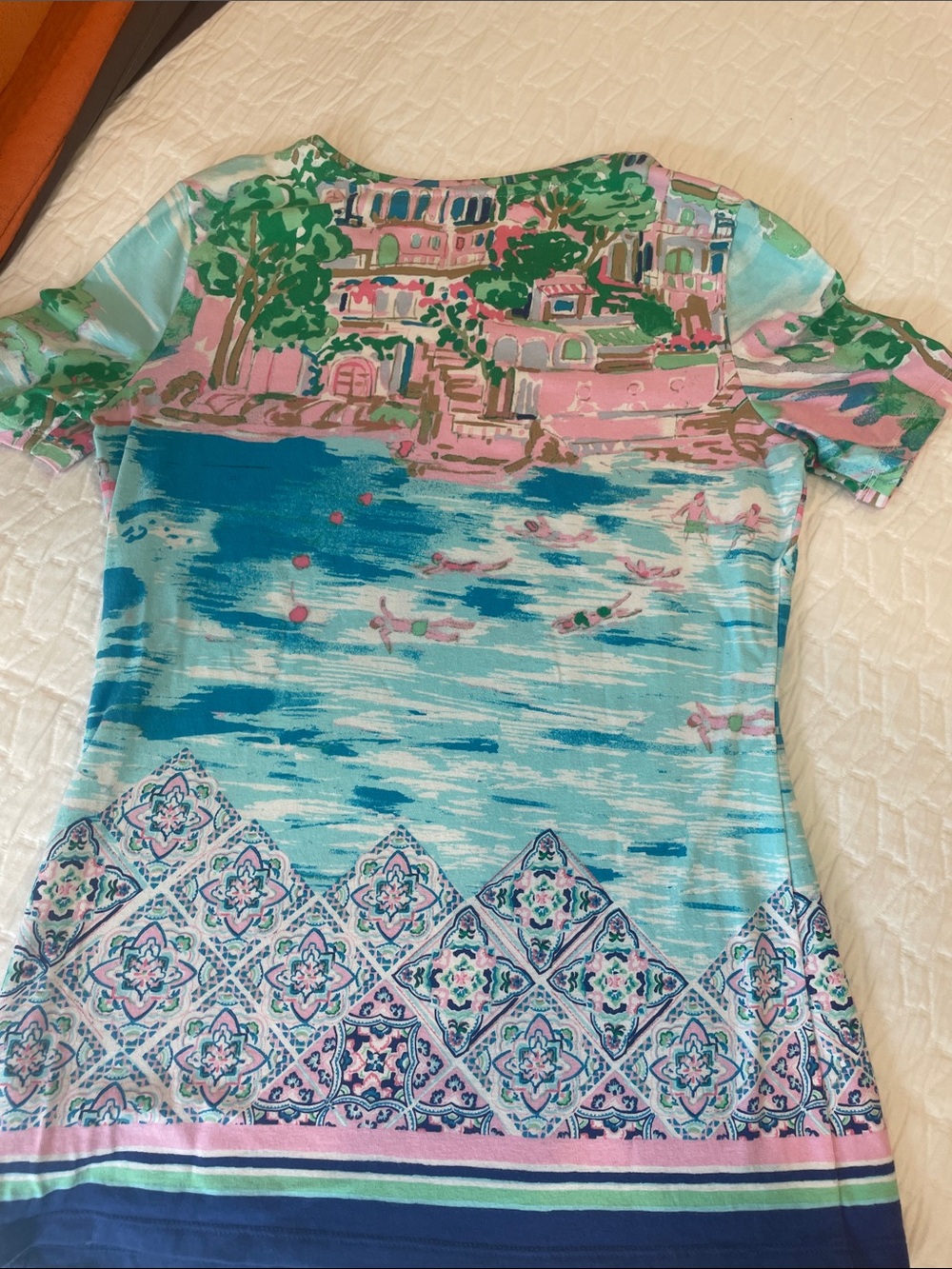 Talbots Scenic Watercolor Print Tee in Aqua, Pink & Green